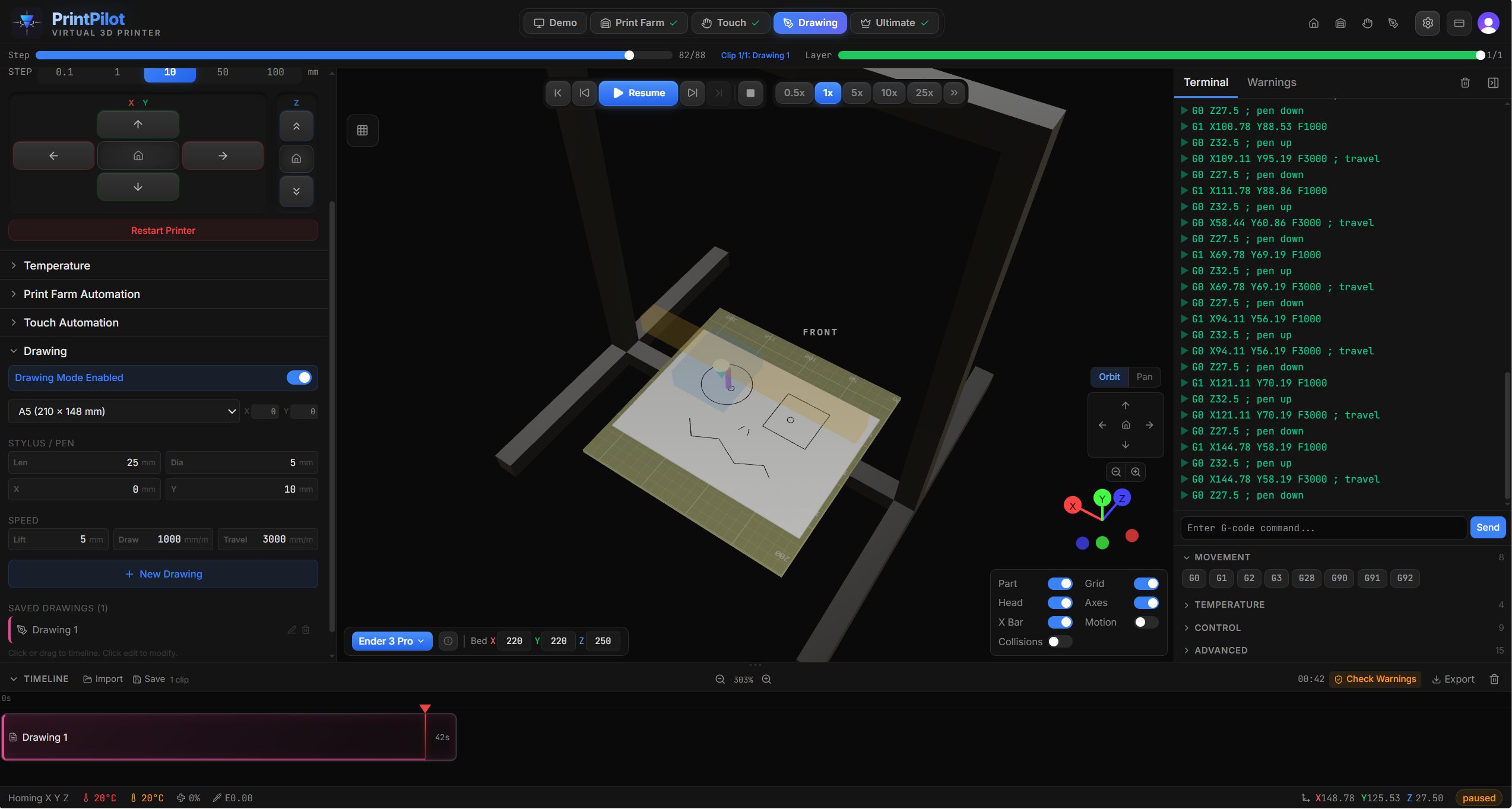 Drawing canvas with pen paths and real-time 3D print preview
