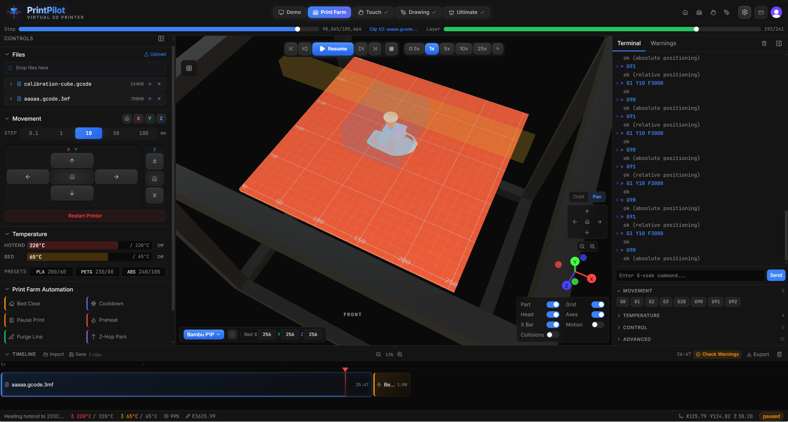 Real-time 3D printer simulation with layer visualization and collision detection