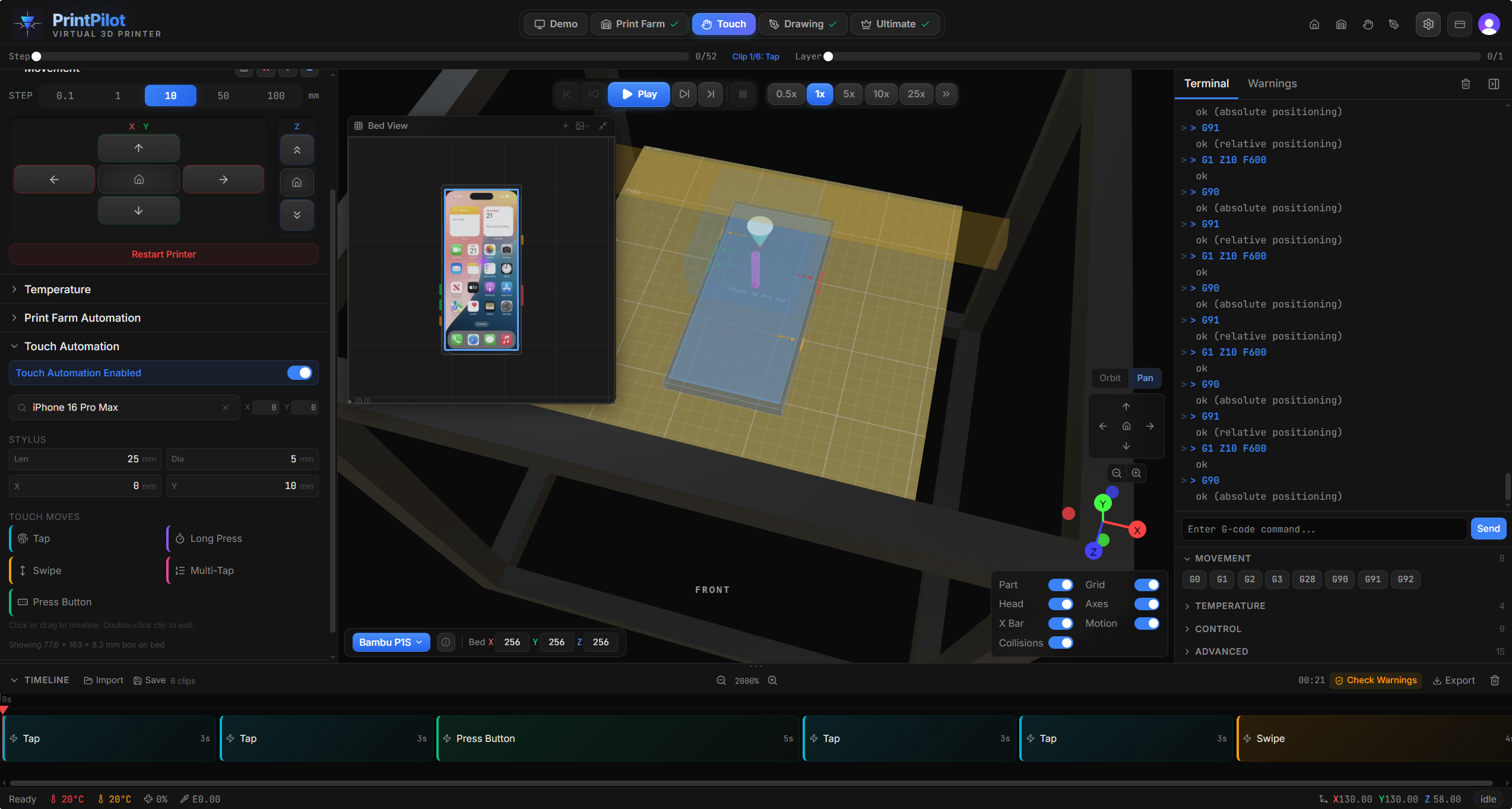 3D simulation with phone model, stylus, and touch interaction preview